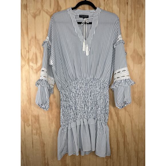 Central Park West Claudia Smocked Waist Boho Chic Blue White Stripe Dress Small - Picture 3 of 10
